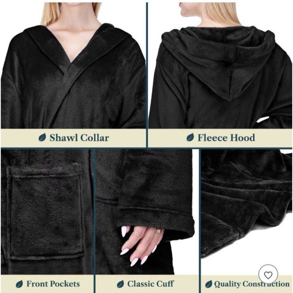Pavilia Luxurious Soft Robe with Hood Bathrobe for Spa Bath Black Lightweight - Picture 4 of 4